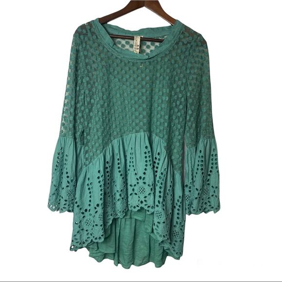 RHUM & RAISIN Teal Eyelet layer Tunic Boho Bohemian M/L - Picture 2 of 11